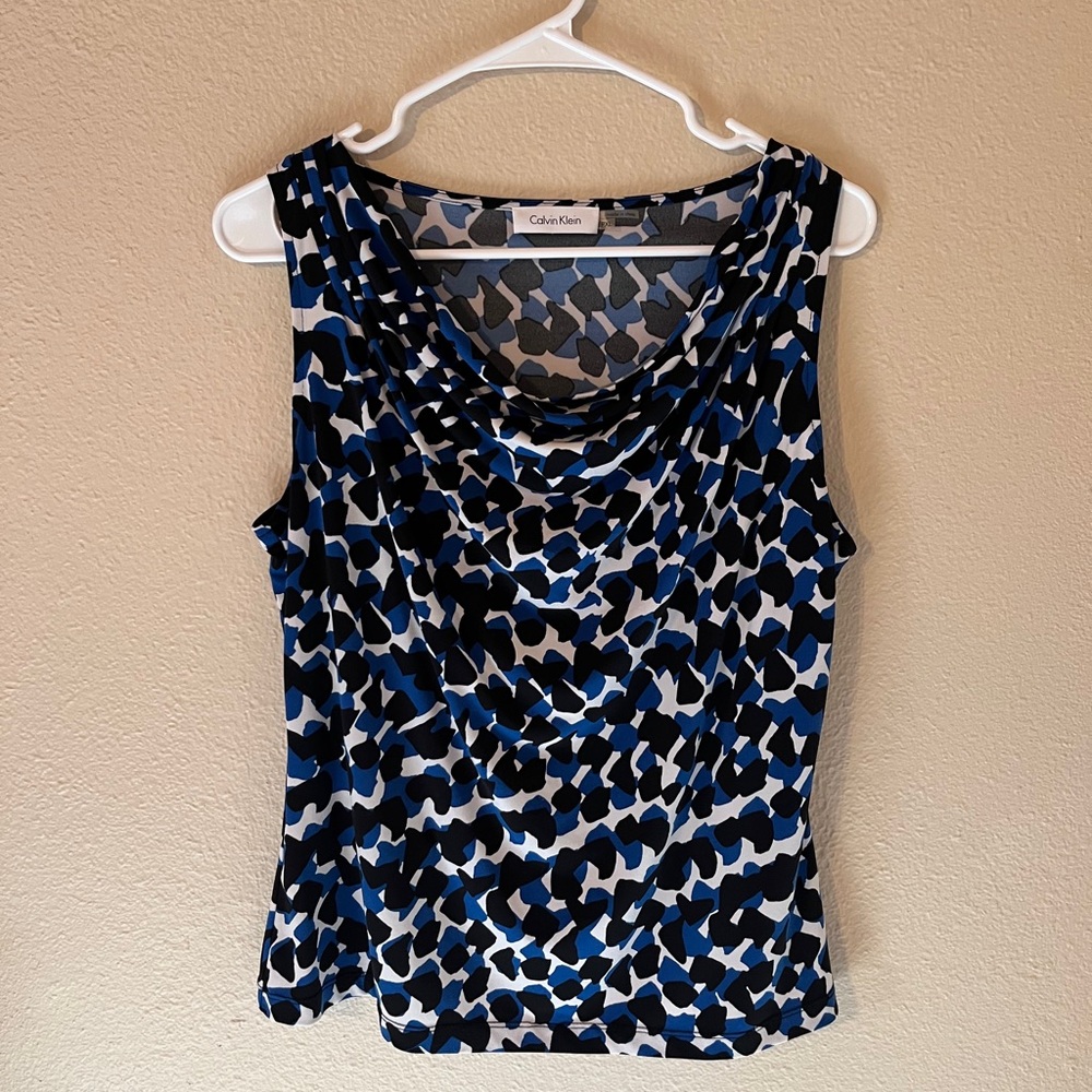 Calvin Klein Women's Cowl Neck Sleeveless Top in Blue and Black Print Size PXL